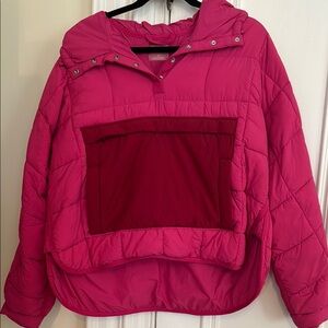 Bright Pink Puffer Jacket with Hood and Oversized Fit